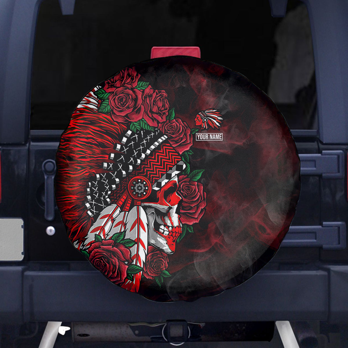 personalised-native-american-chief-skull-spare-tire-cover-rose-skull