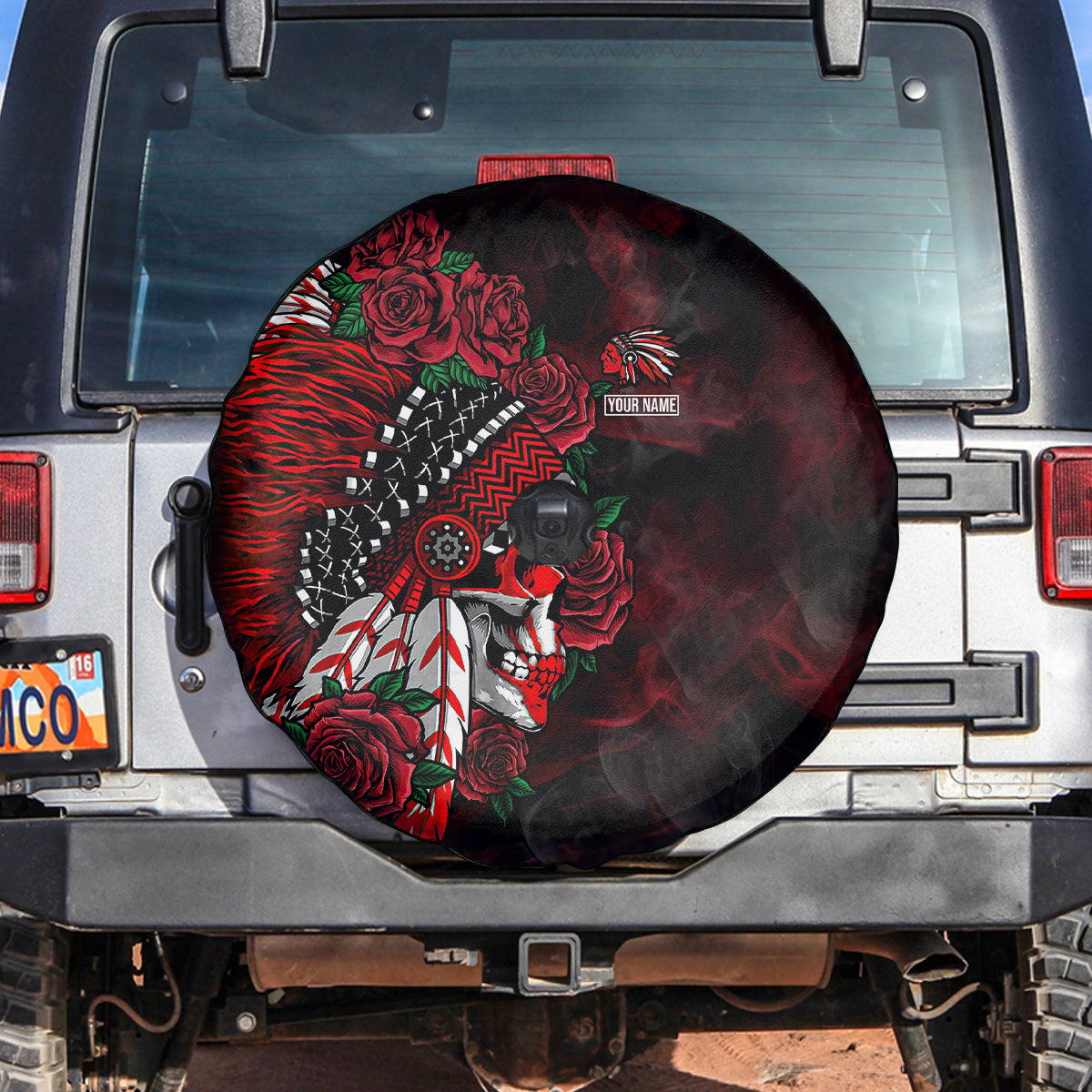 personalised-native-american-chief-skull-spare-tire-cover-rose-skull
