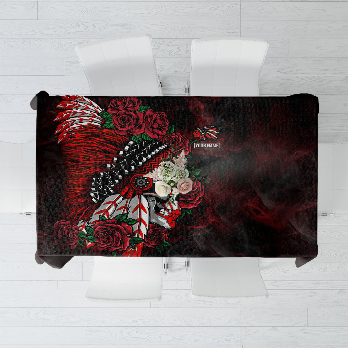 personalised-native-american-chief-skull-tablecloth-rose-skull