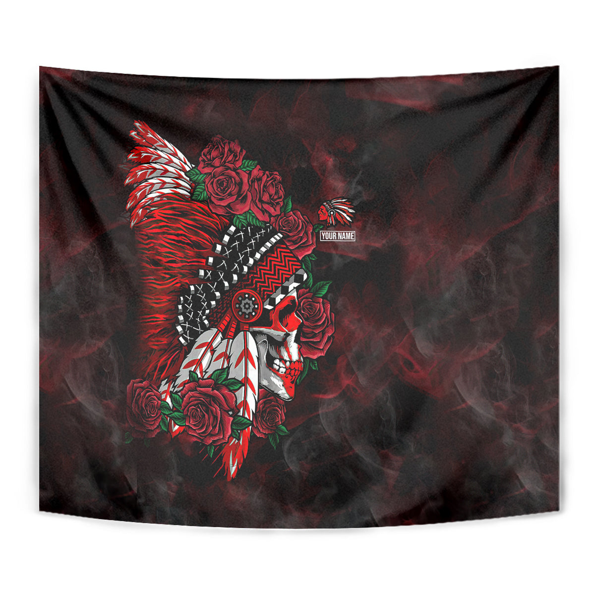 personalised-native-american-chief-skull-tapestry-rose-skull