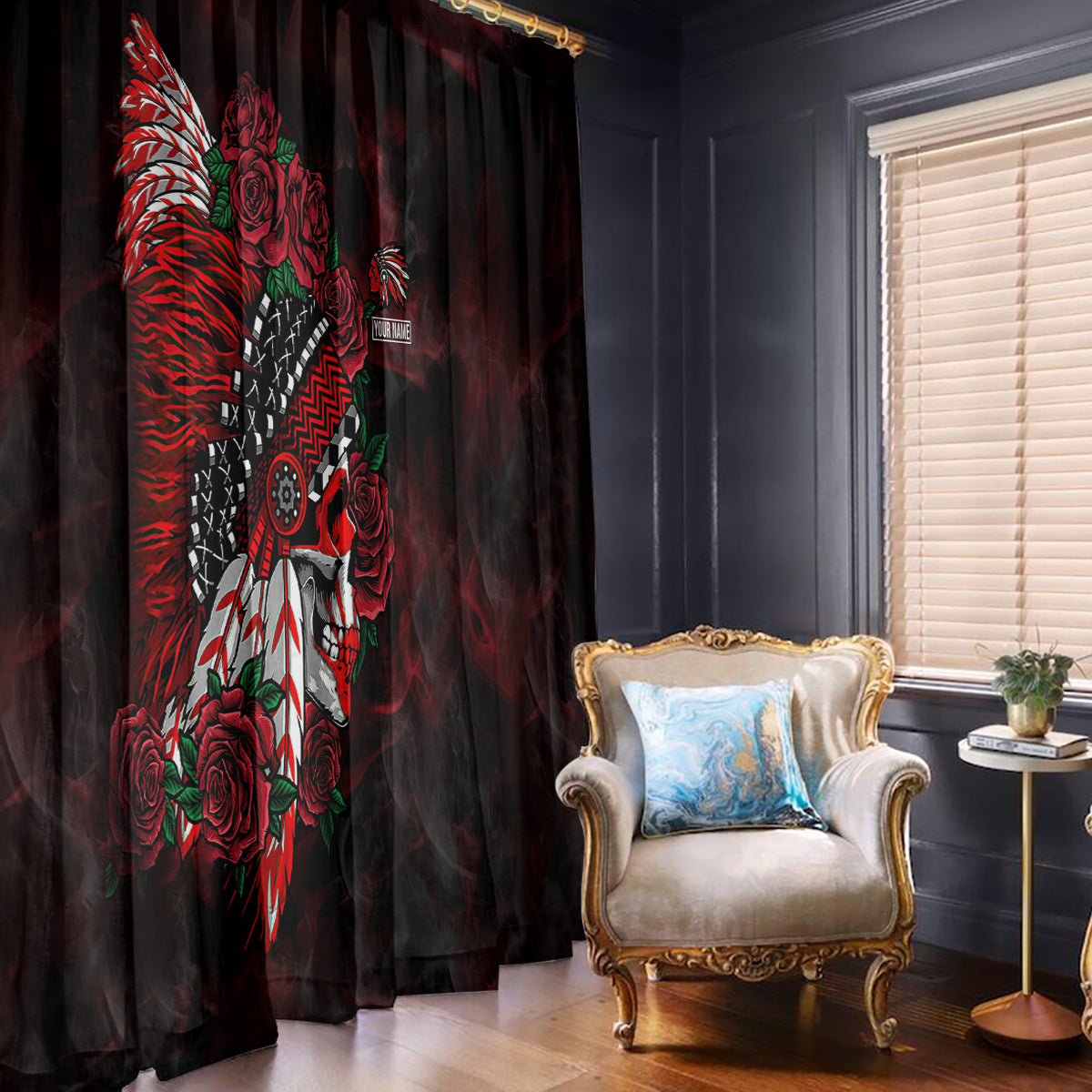 personalised-native-american-chief-skull-window-curtain-rose-skull
