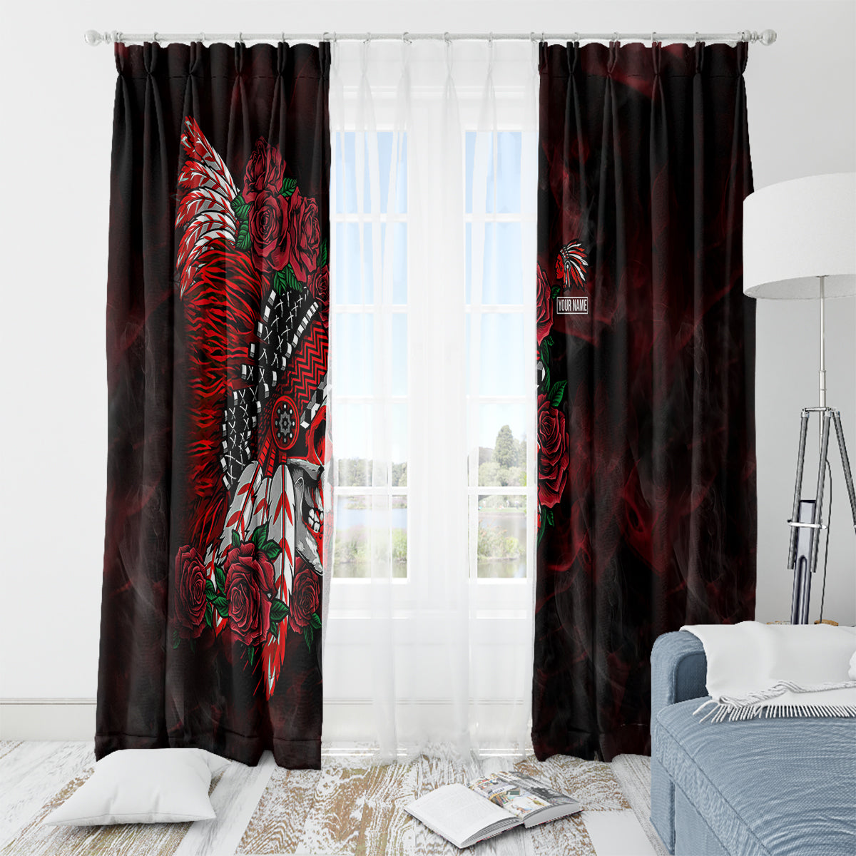 personalised-native-american-chief-skull-window-curtain-rose-skull