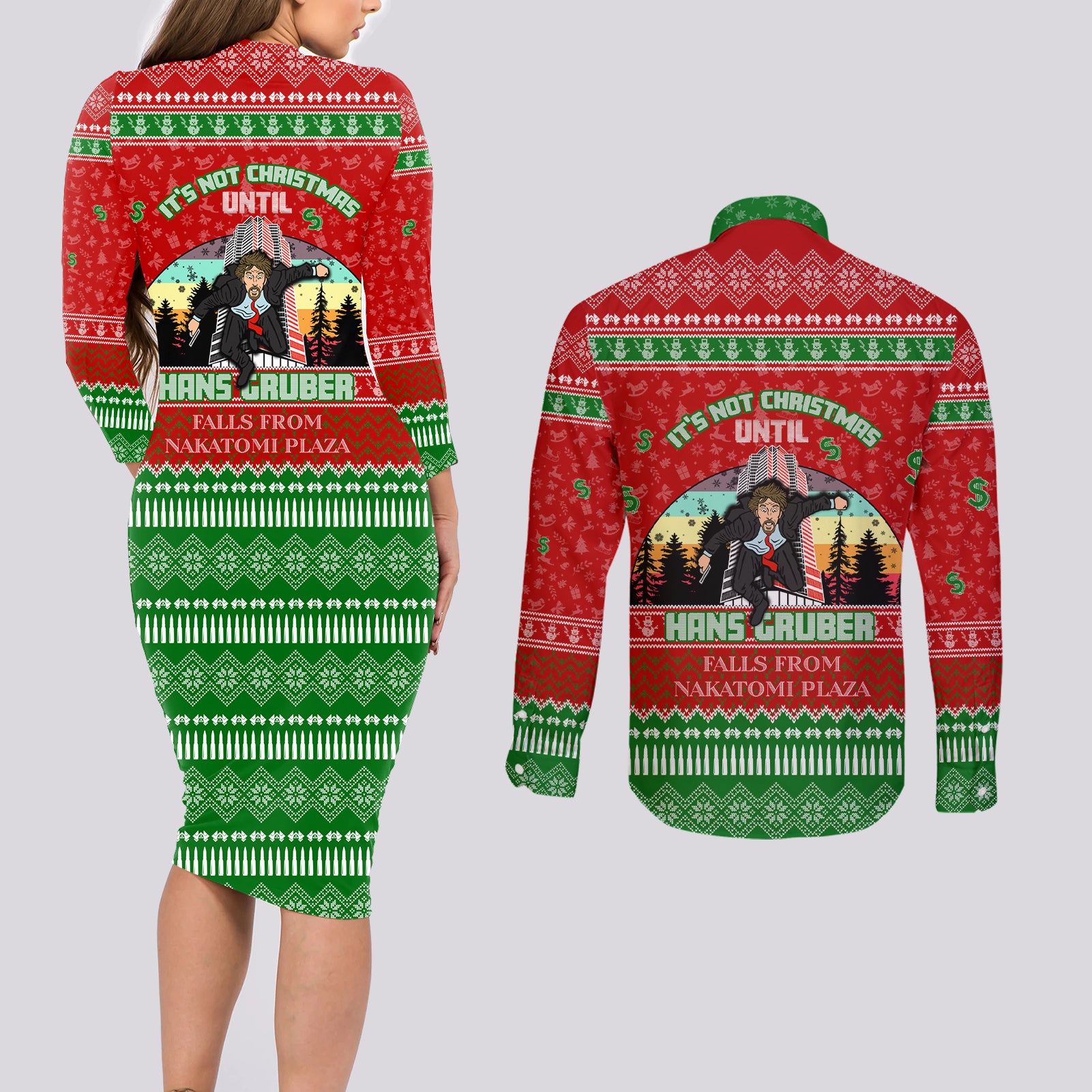 its-not-christmas-unil-hans-gruber-falls-from-nakatomi-plaza-couples-matching-long-sleeve-bodycon-dress-and-long-sleeve-button-shirts-xmas-eve-1988