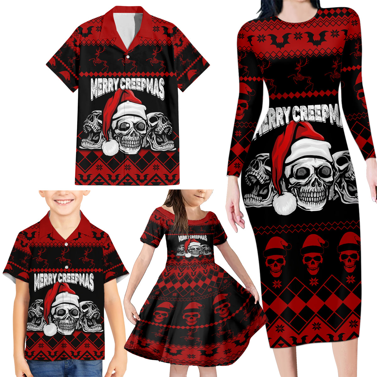 custom-christmas-family-matching-long-sleeve-bodycon-dress-and-hawaiian-shirt-gothic-skull-creepmas