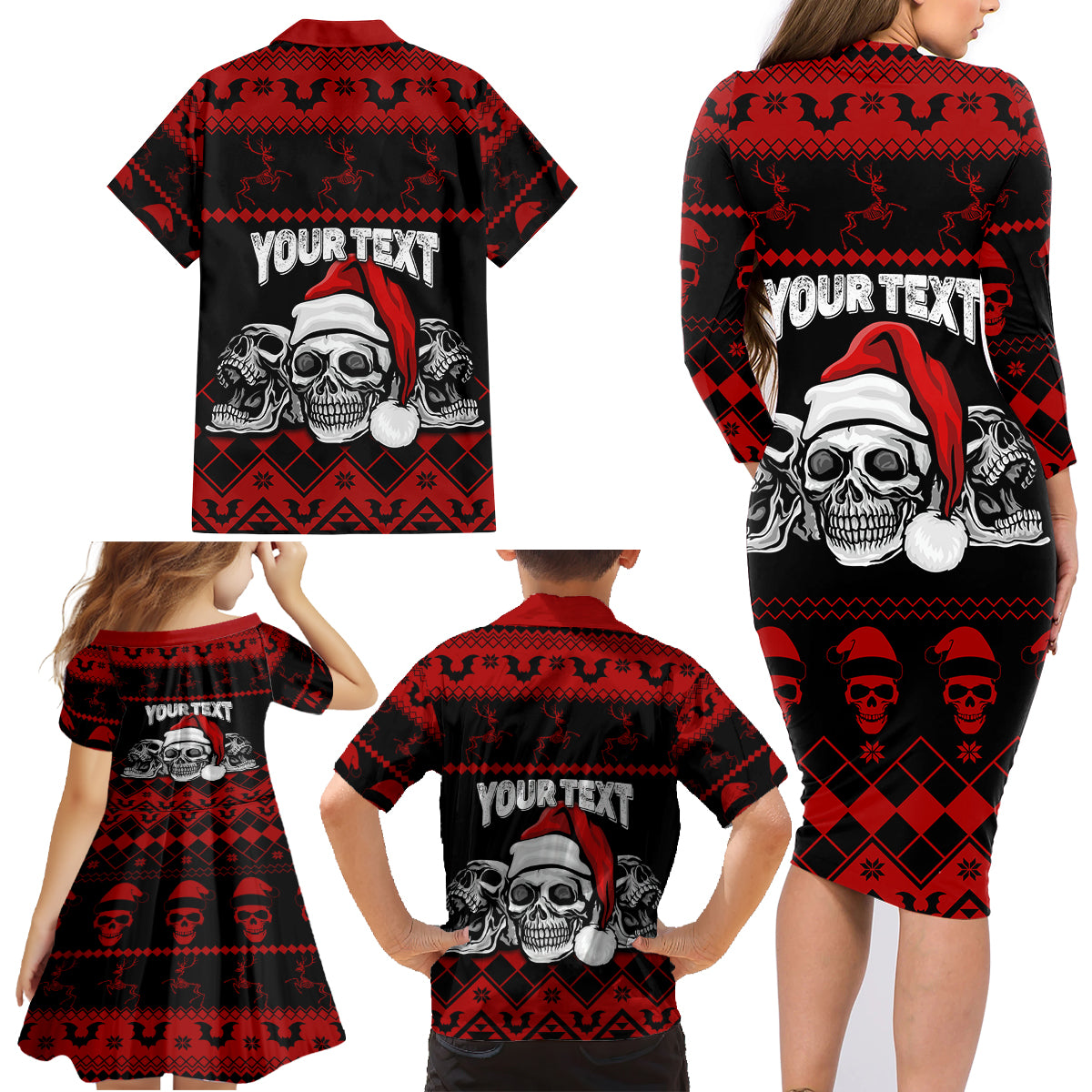 custom-christmas-family-matching-long-sleeve-bodycon-dress-and-hawaiian-shirt-gothic-skull-creepmas