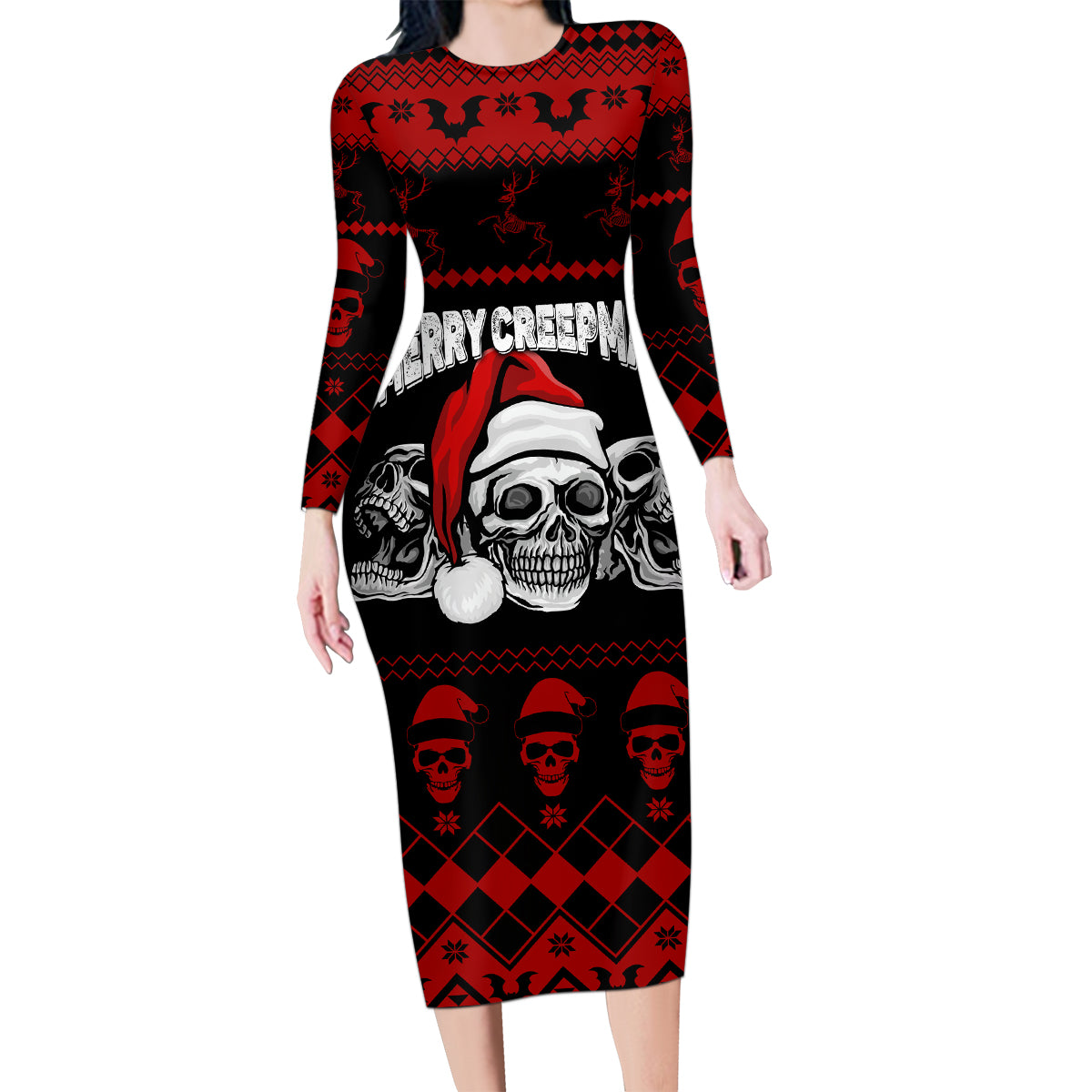 custom-christmas-family-matching-long-sleeve-bodycon-dress-and-hawaiian-shirt-gothic-skull-creepmas