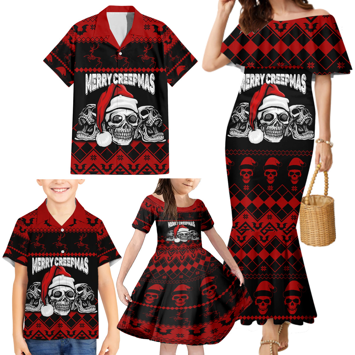 custom-christmas-family-matching-mermaid-dress-and-hawaiian-shirt-gothic-skull-creepmas
