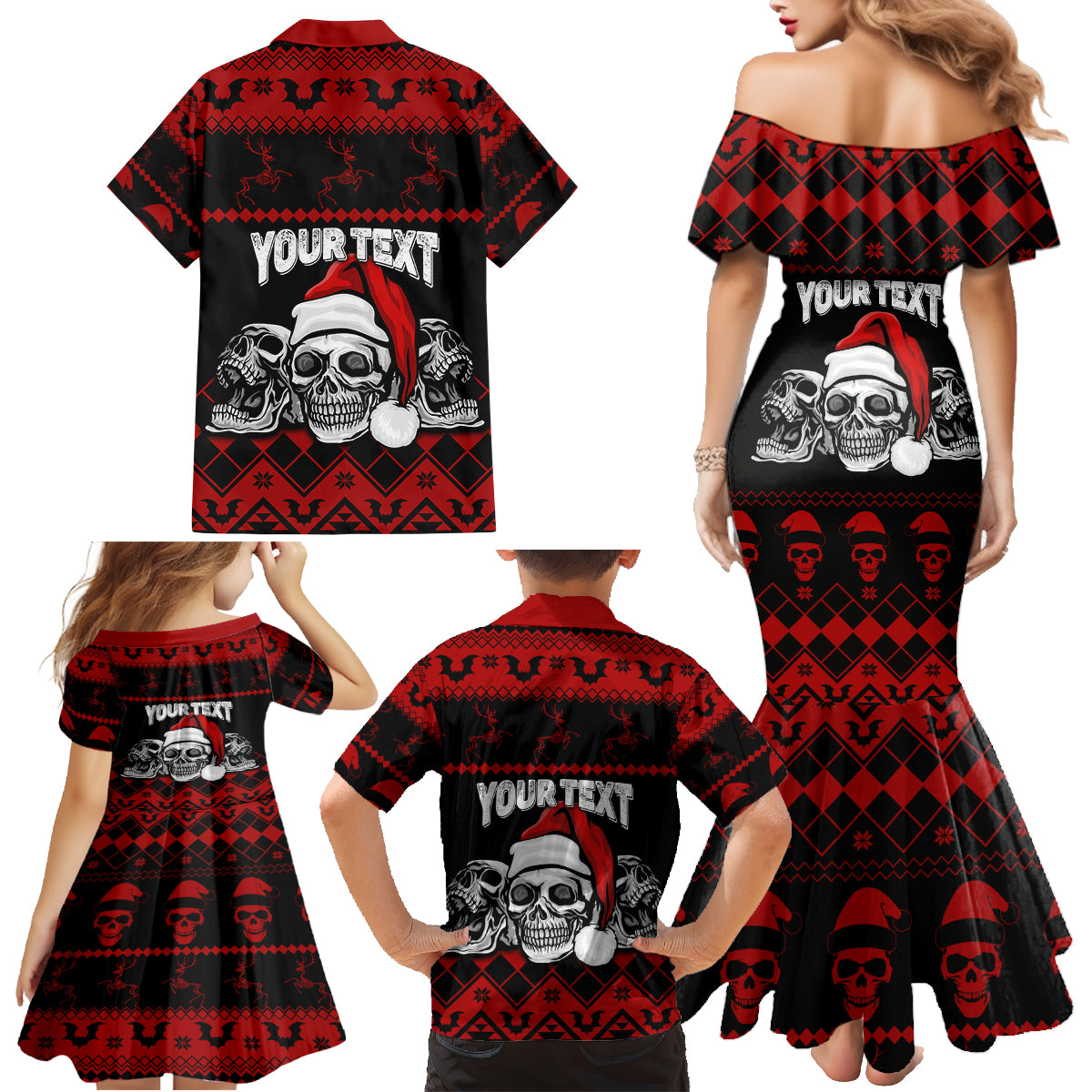 custom-christmas-family-matching-mermaid-dress-and-hawaiian-shirt-gothic-skull-creepmas