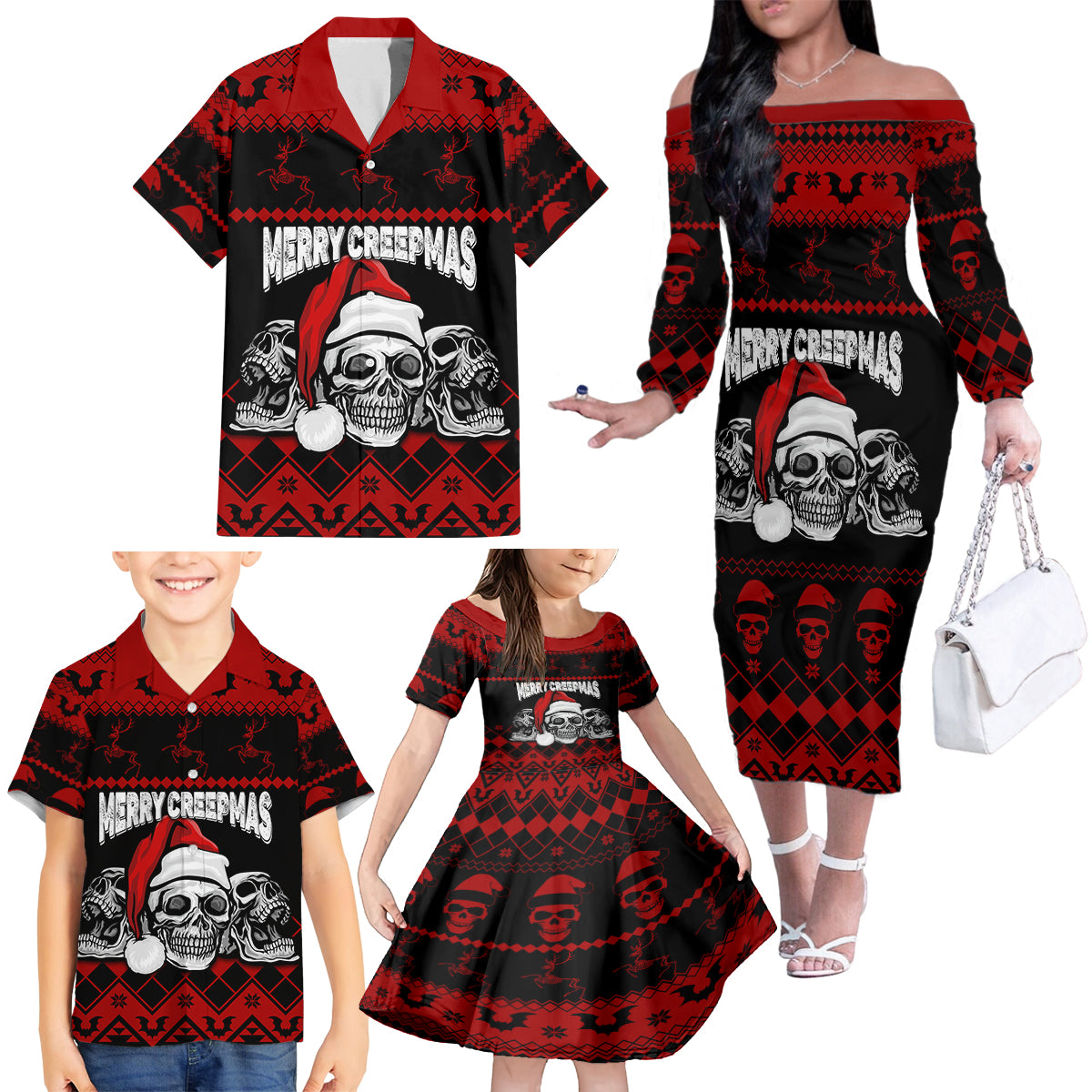 custom-christmas-family-matching-off-shoulder-long-sleeve-dress-and-hawaiian-shirt-gothic-skull-creepmas