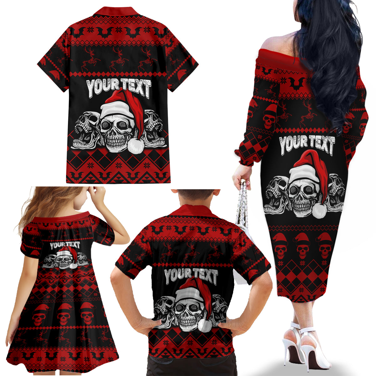 custom-christmas-family-matching-off-shoulder-long-sleeve-dress-and-hawaiian-shirt-gothic-skull-creepmas