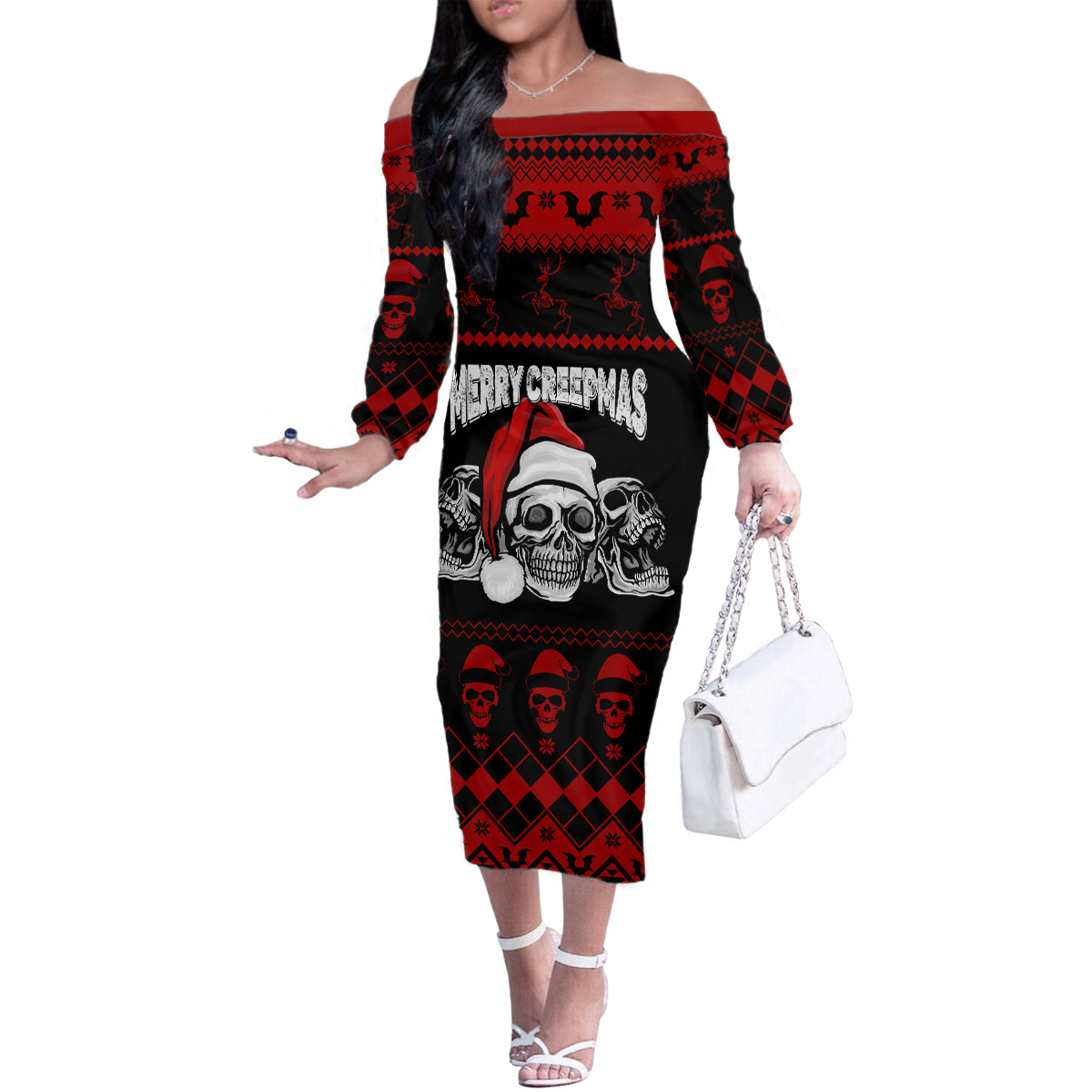 custom-christmas-family-matching-off-shoulder-long-sleeve-dress-and-hawaiian-shirt-gothic-skull-creepmas