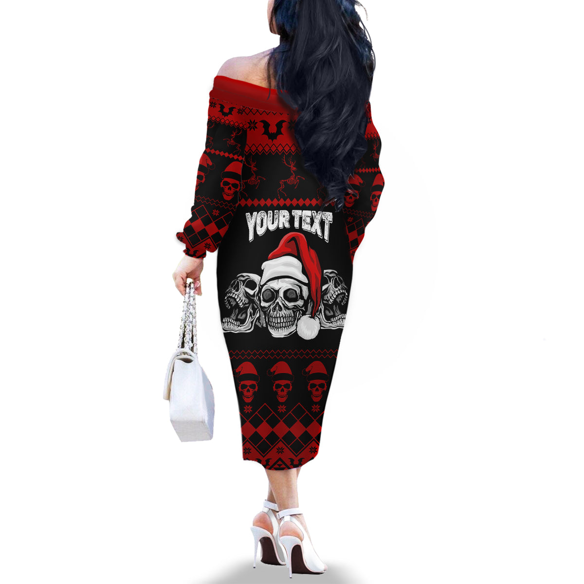 custom-christmas-family-matching-off-shoulder-long-sleeve-dress-and-hawaiian-shirt-gothic-skull-creepmas