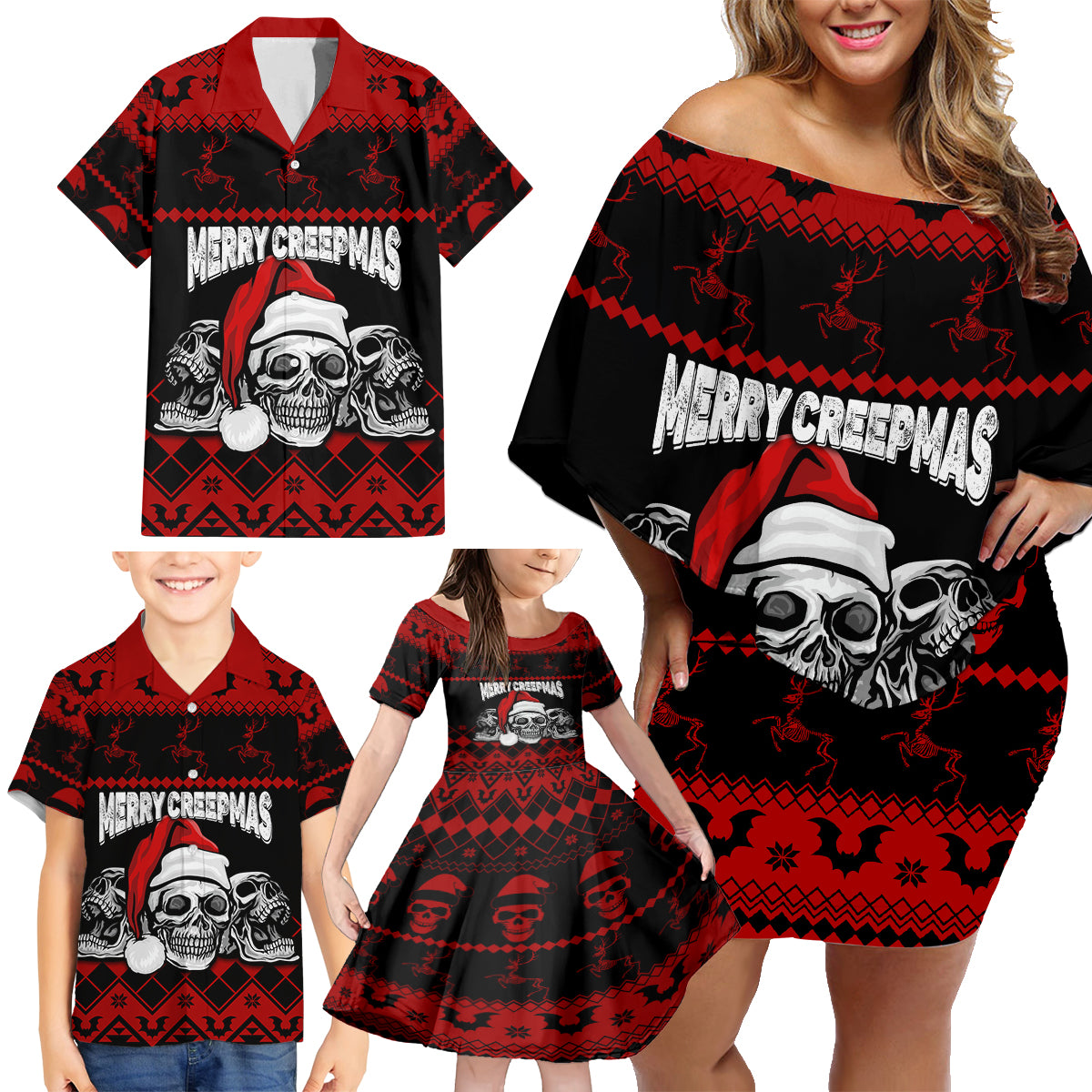 custom-christmas-family-matching-off-shoulder-short-dress-and-hawaiian-shirt-gothic-skull-creepmas