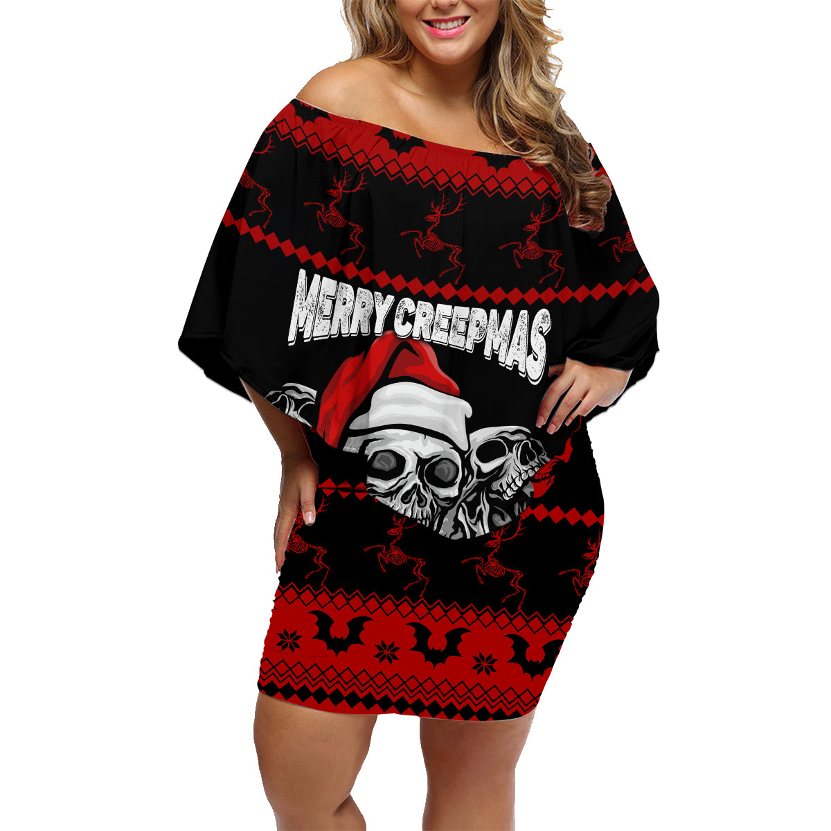 custom-christmas-family-matching-off-shoulder-short-dress-and-hawaiian-shirt-gothic-skull-creepmas
