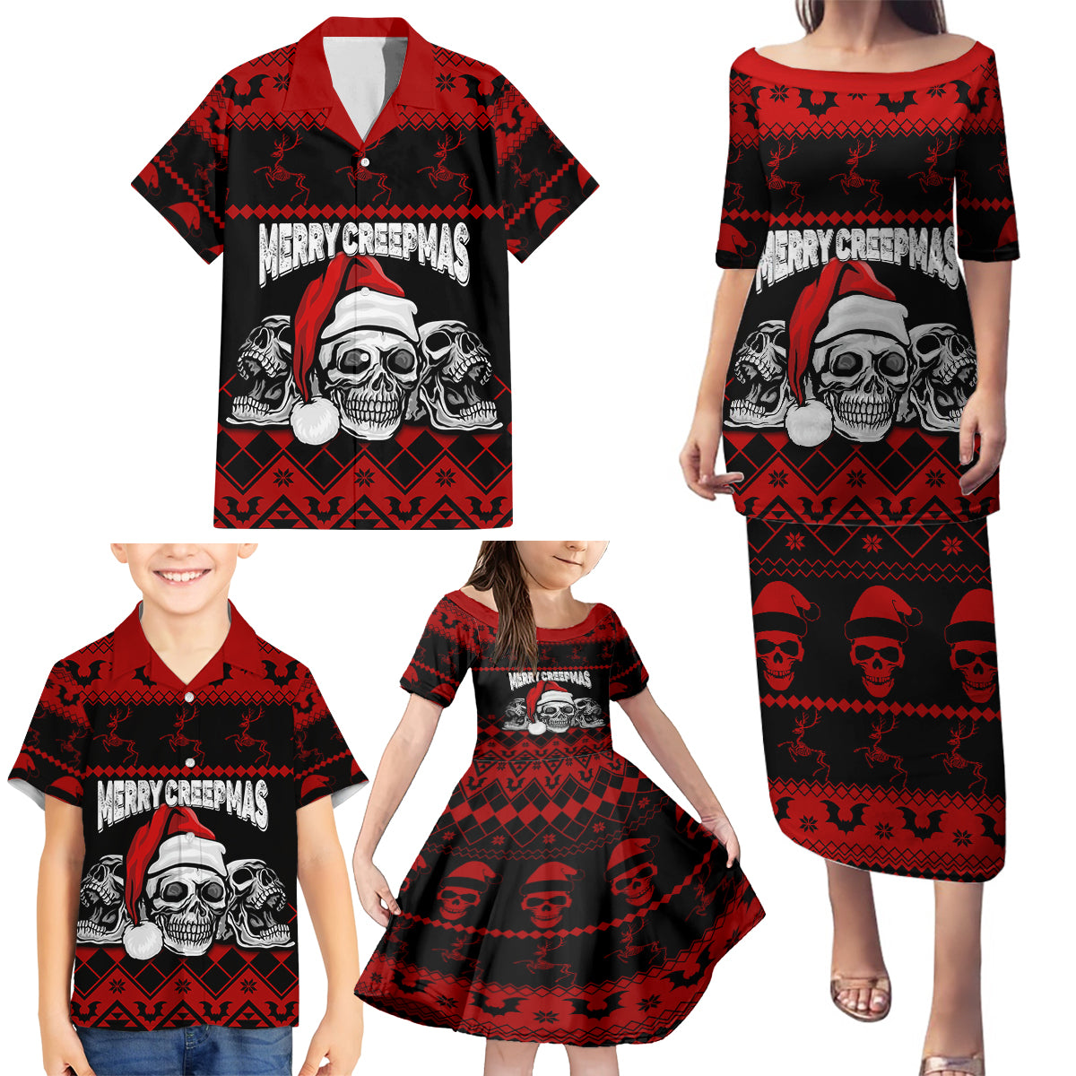 custom-christmas-family-matching-puletasi-dress-and-hawaiian-shirt-gothic-skull-creepmas