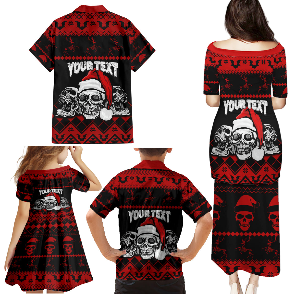 custom-christmas-family-matching-puletasi-dress-and-hawaiian-shirt-gothic-skull-creepmas