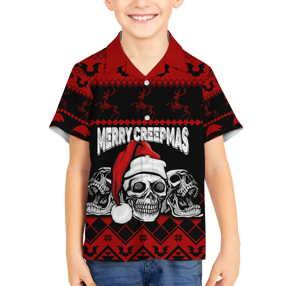custom-christmas-family-matching-puletasi-dress-and-hawaiian-shirt-gothic-skull-creepmas
