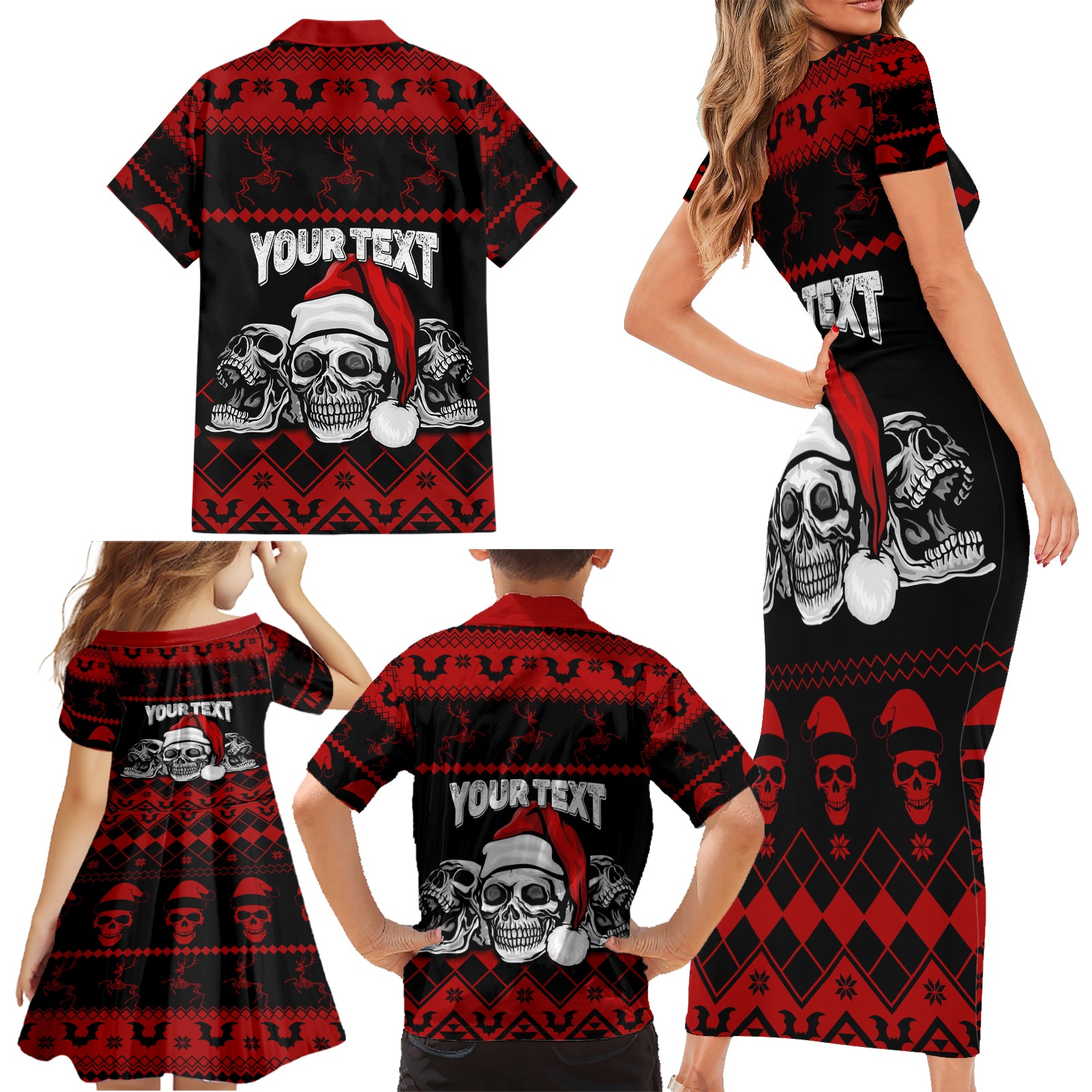 custom-christmas-family-matching-short-sleeve-bodycon-dress-and-hawaiian-shirt-gothic-skull-creepmas