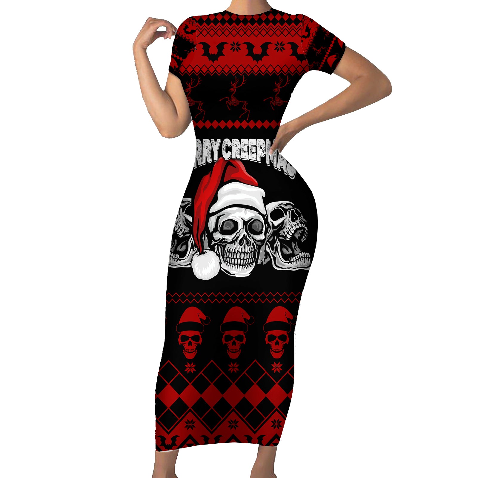 custom-christmas-family-matching-short-sleeve-bodycon-dress-and-hawaiian-shirt-gothic-skull-creepmas