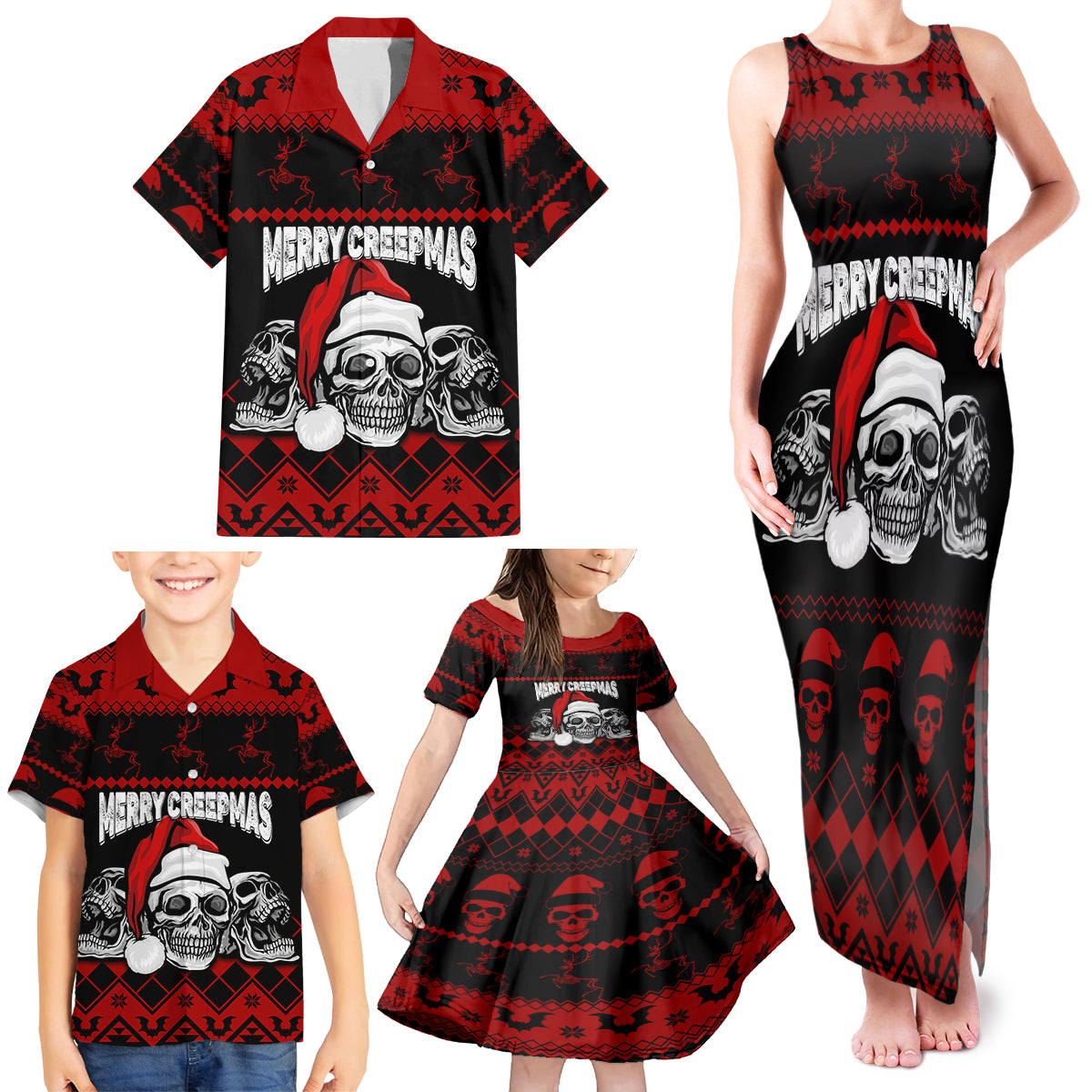 custom-christmas-family-matching-tank-maxi-dress-and-hawaiian-shirt-gothic-skull-creepmas