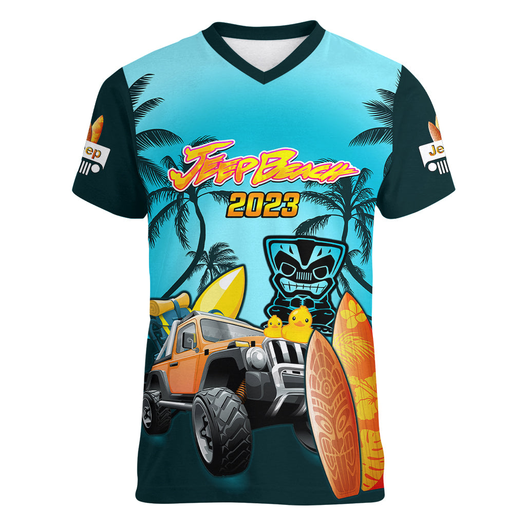 personalised-blue-jeep-beach-2023-women-v-neck-t-shirt-happy-20th-anniversary