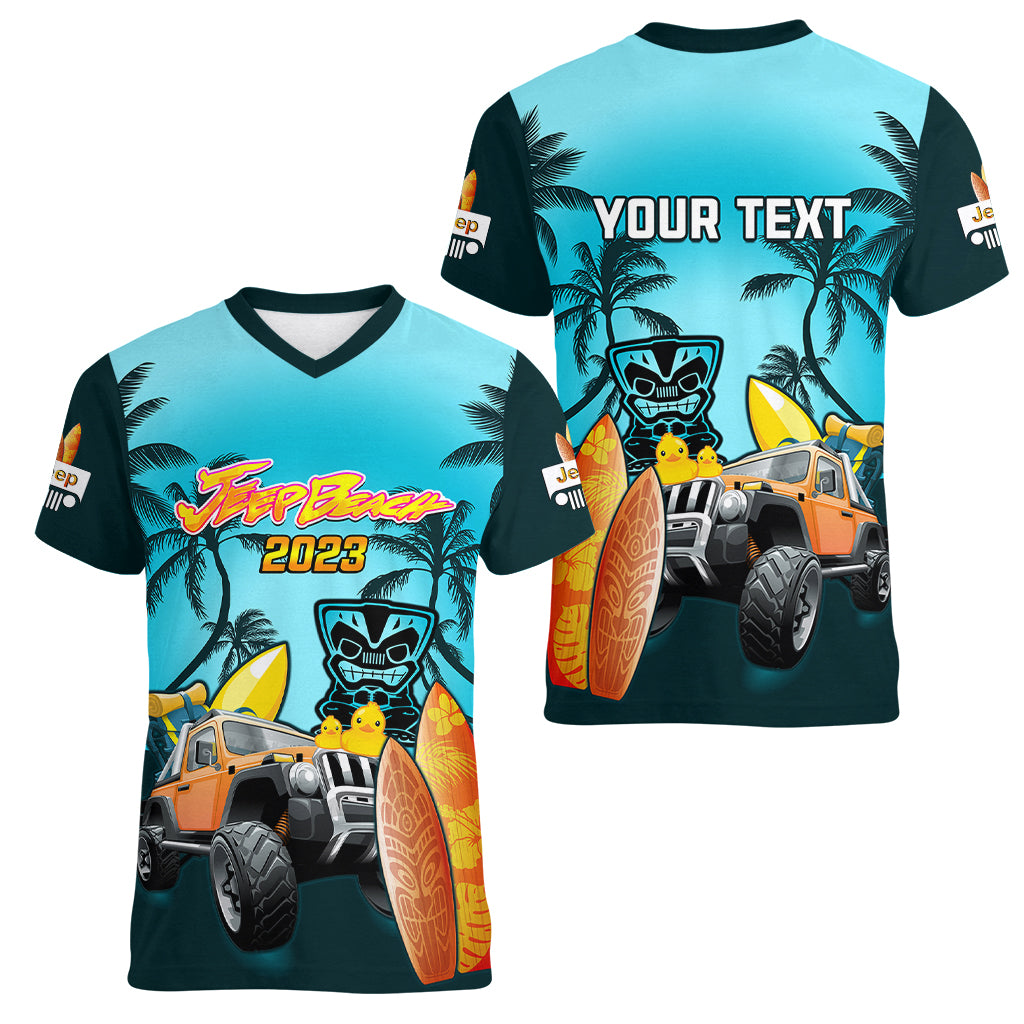 personalised-blue-jeep-beach-2023-women-v-neck-t-shirt-happy-20th-anniversary