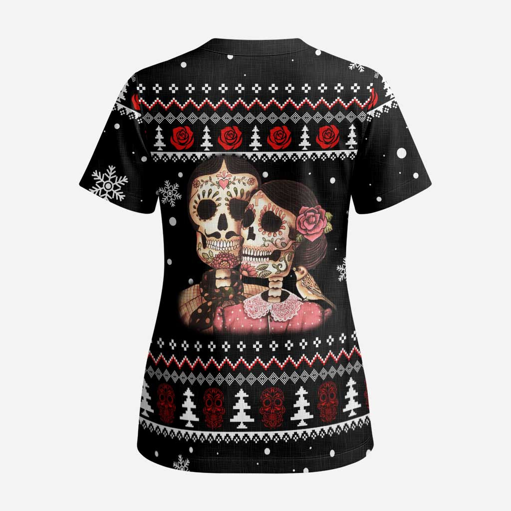 Skull Couple Christmas Scrub Top Xmas Holiday Patterns - Aljaira