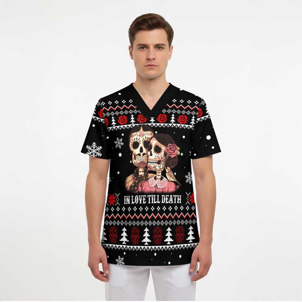 Skull Couple Christmas Scrub Top Xmas Holiday Patterns - Aljaira