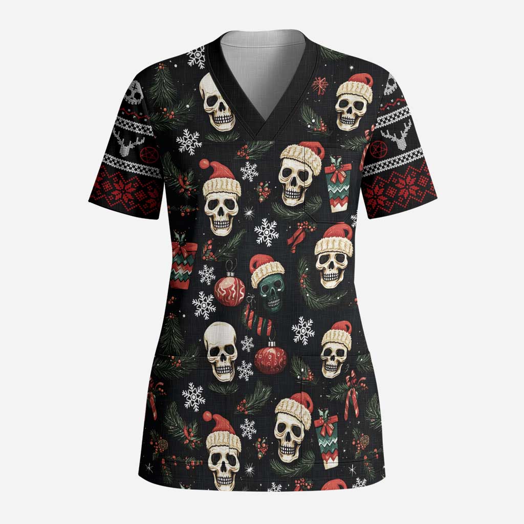 Skull Face Christmas Scrub Top Xmas Holiday Patterns - Aljaira