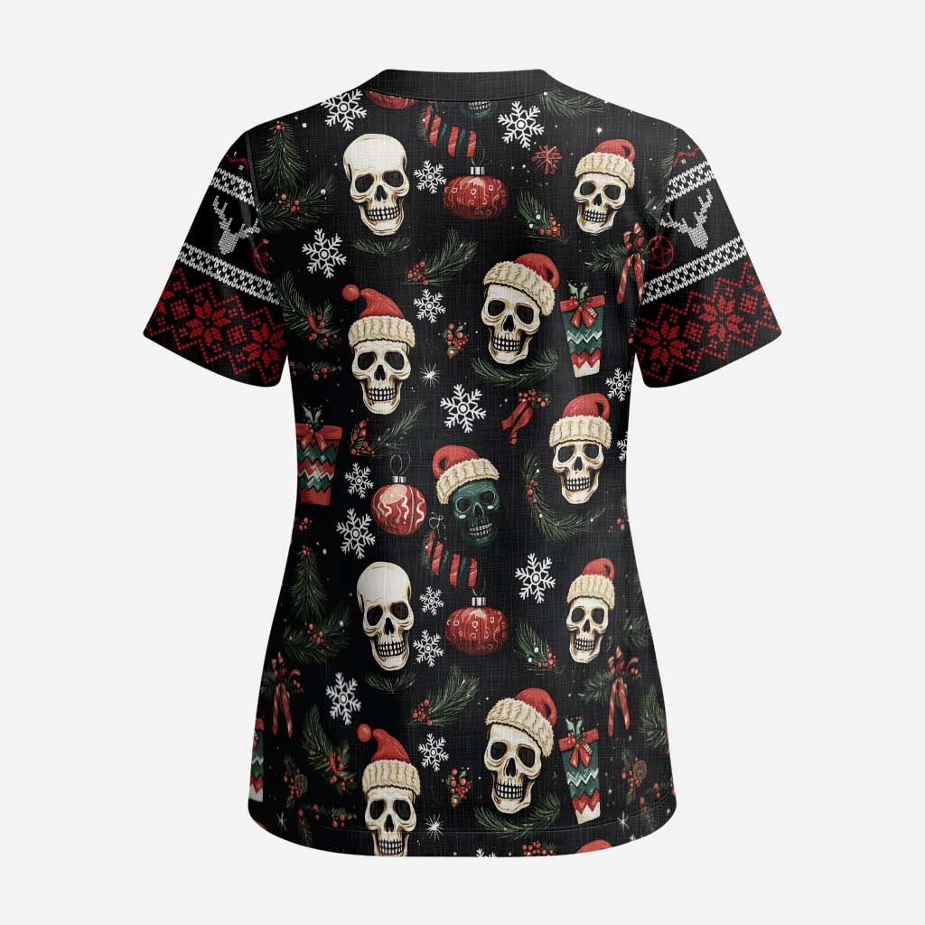 Skull Face Christmas Scrub Top Xmas Holiday Patterns - Aljaira