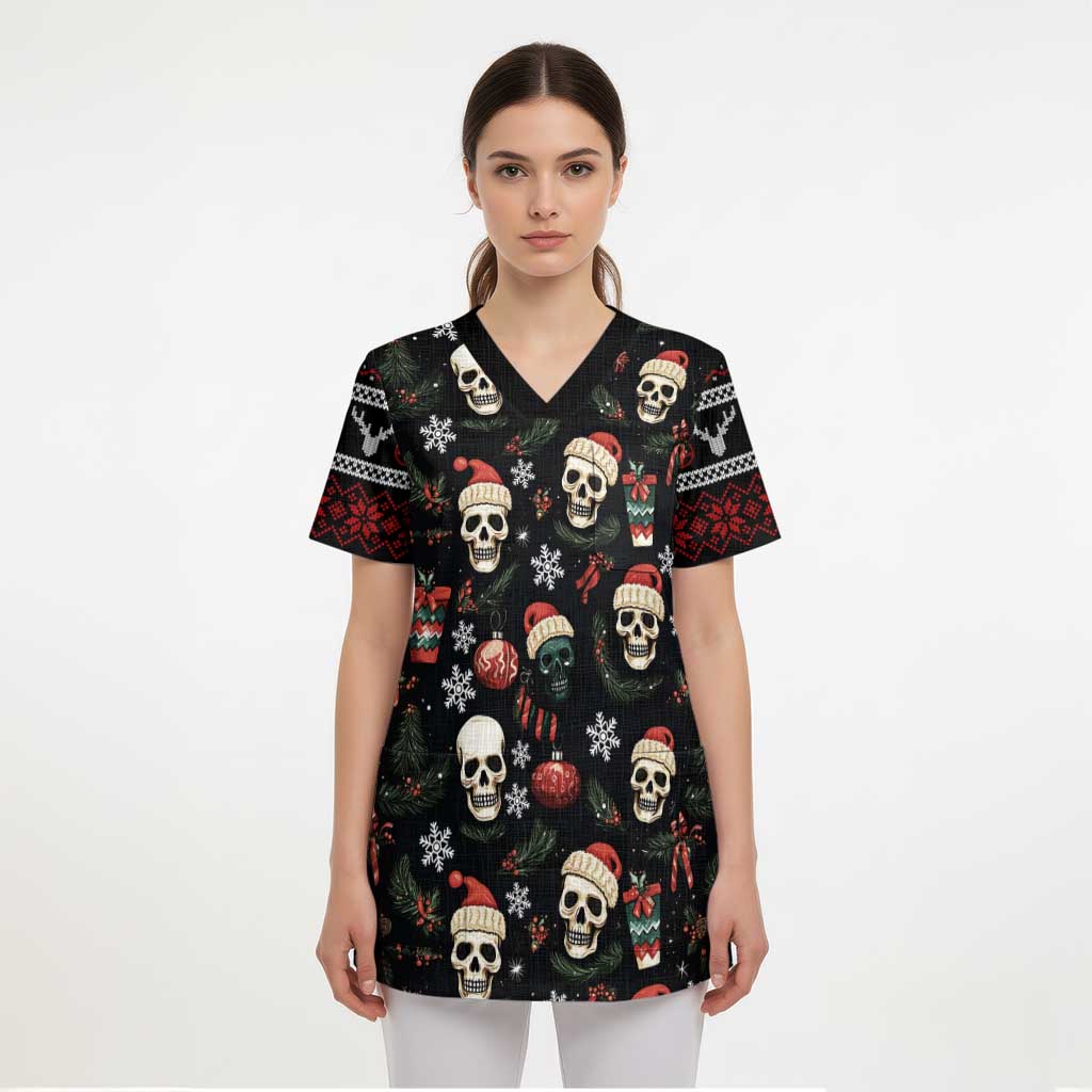 Skull Face Christmas Scrub Top Xmas Holiday Patterns - Aljaira