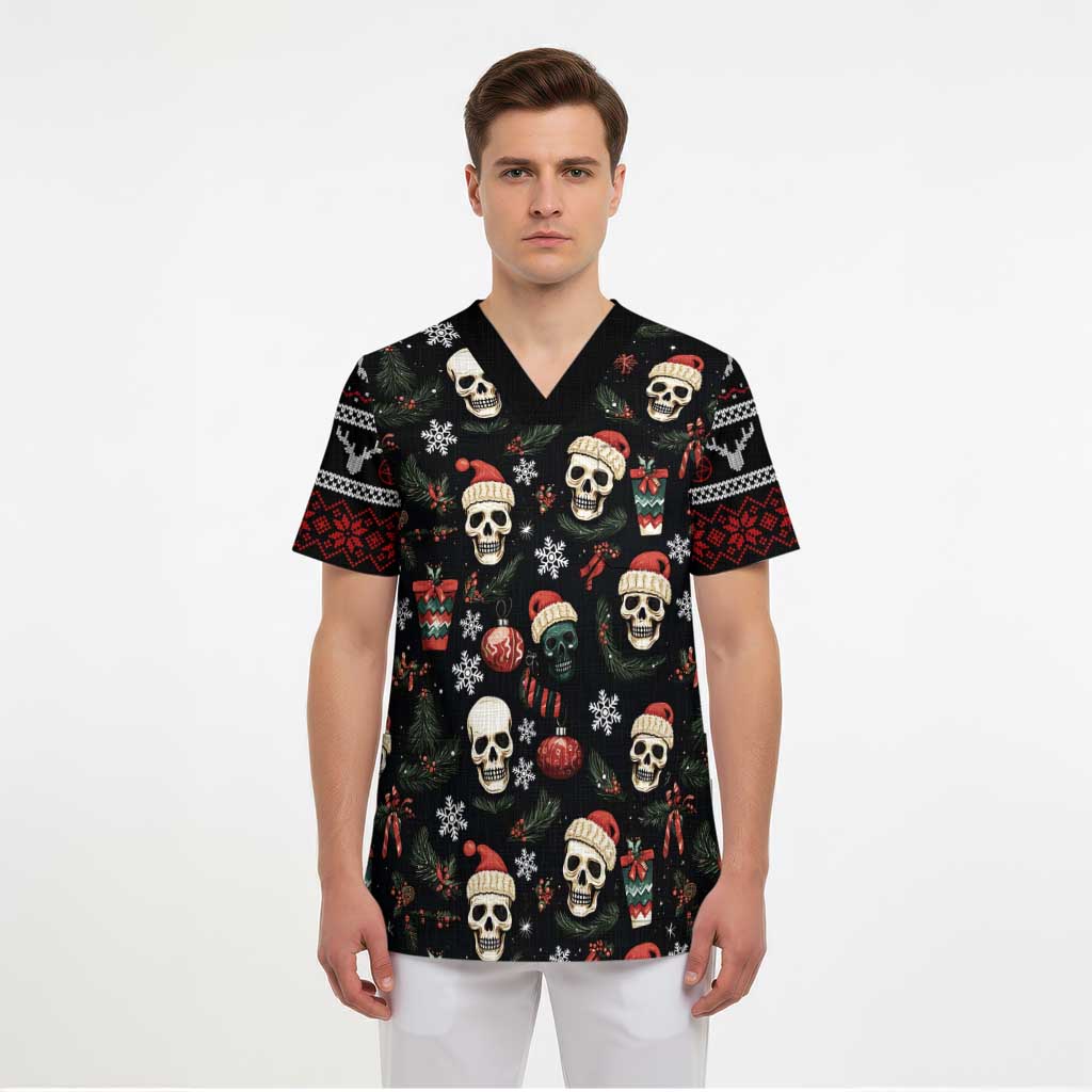 Skull Face Christmas Scrub Top Xmas Holiday Patterns - Aljaira