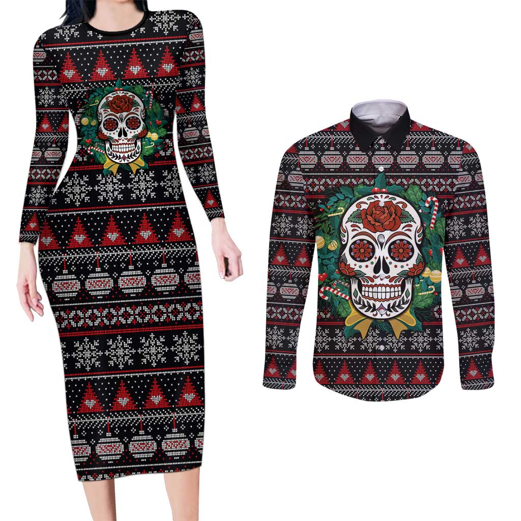 Skull Christmas Couples Matching Long Sleeve Bodycon Dress and Long Sleeve Button Shirt Xmas Holiday Patterns - Aljaira