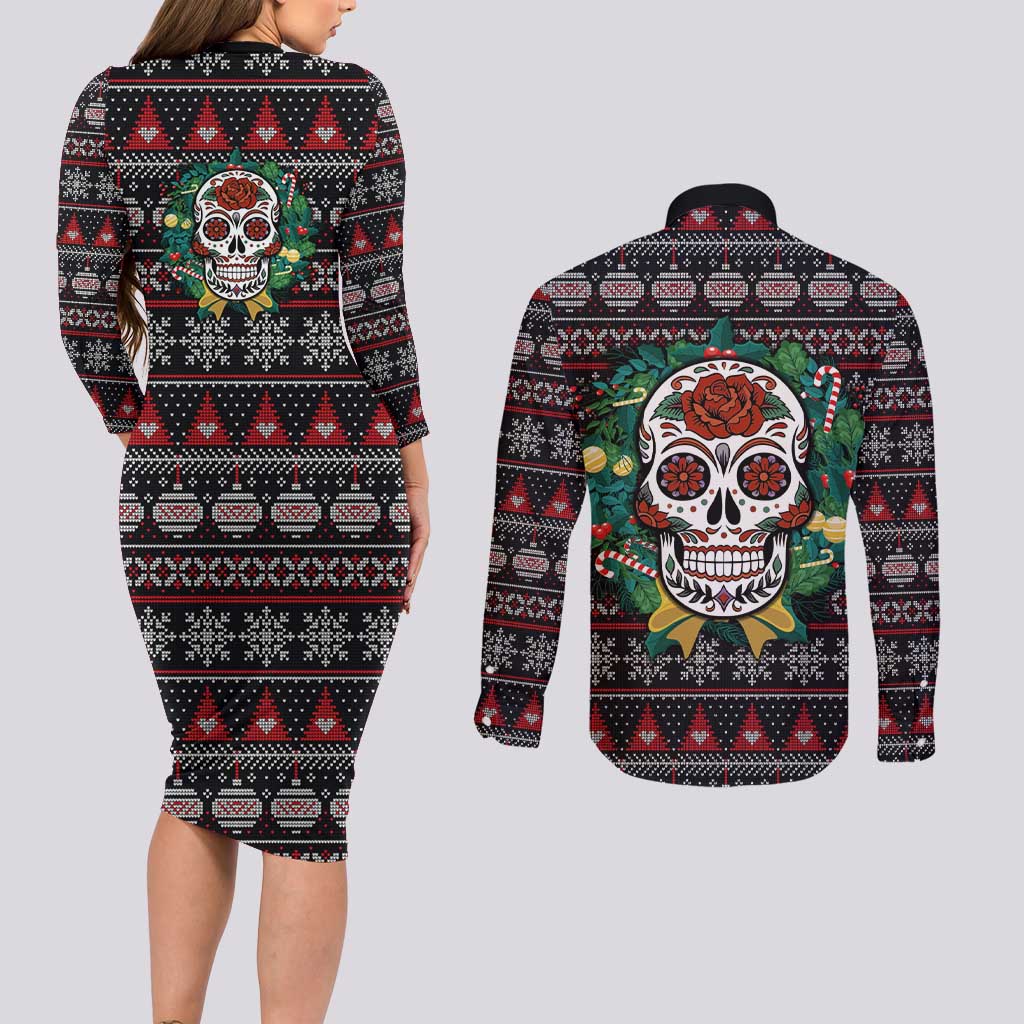 Skull Christmas Couples Matching Long Sleeve Bodycon Dress and Long Sleeve Button Shirt Xmas Holiday Patterns - Aljaira
