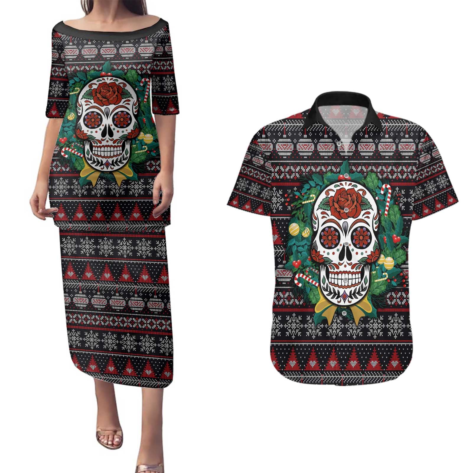 Skull Christmas Couples Matching Puletasi and Hawaiian Shirt Xmas Holiday Patterns - Aljaira