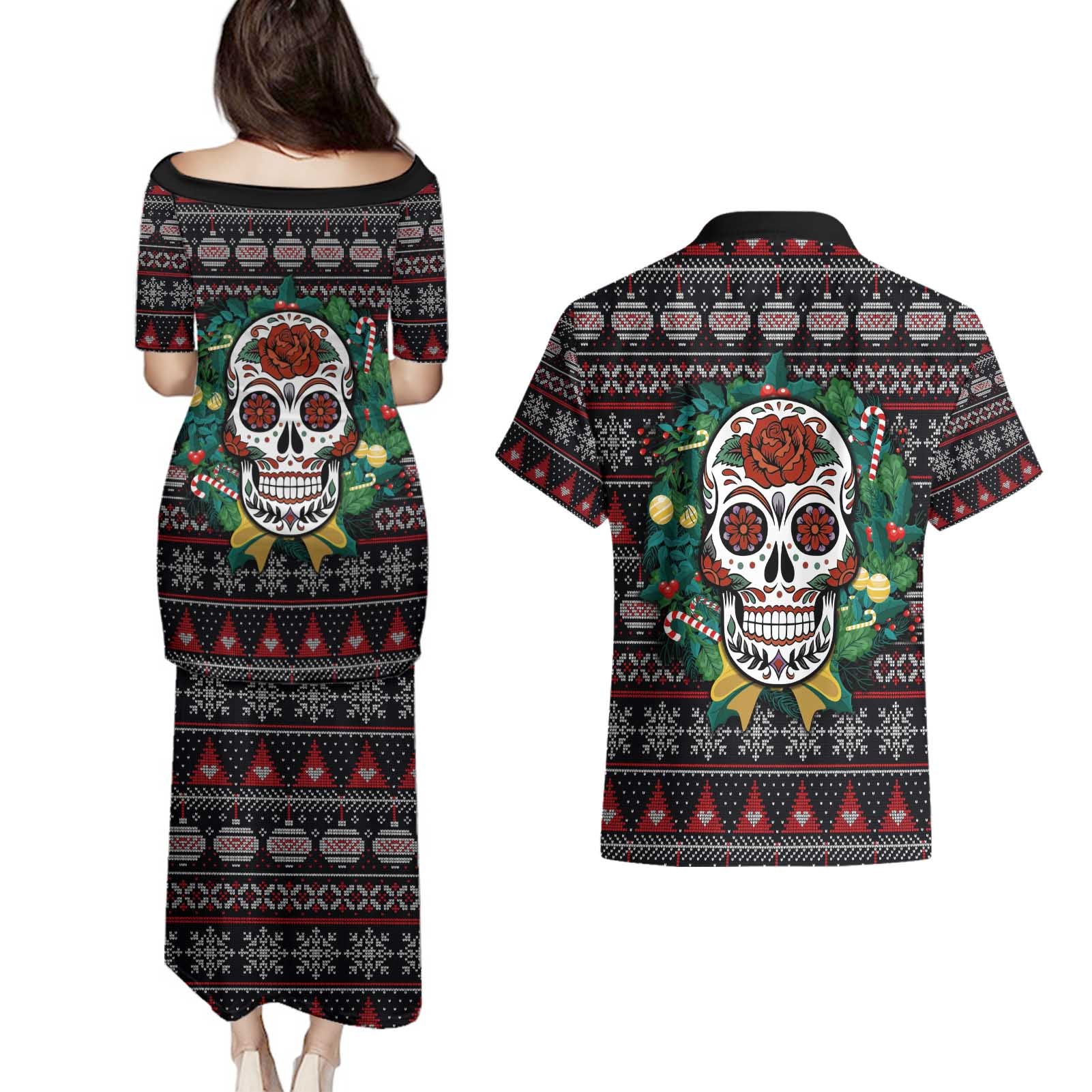 Skull Christmas Couples Matching Puletasi and Hawaiian Shirt Xmas Holiday Patterns - Aljaira