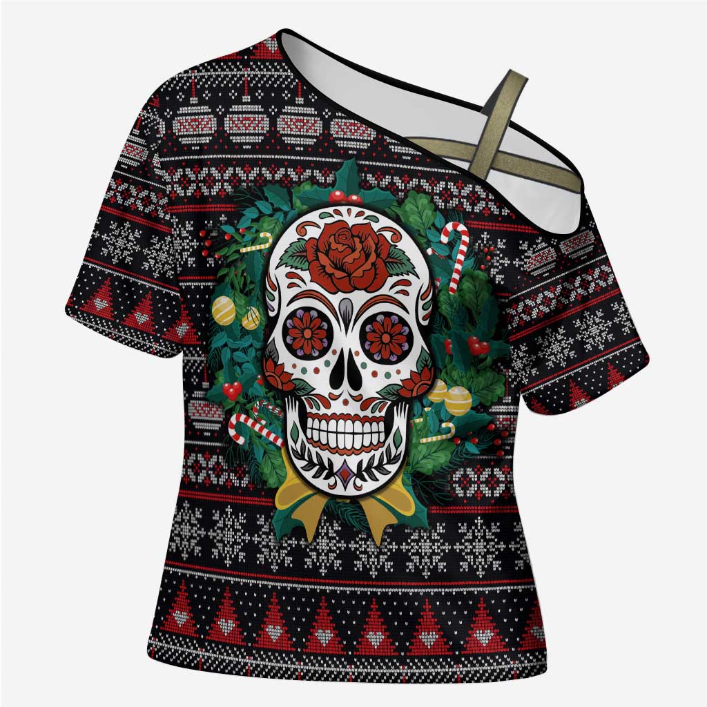 Skull Christmas Cross Shoulder Shirt Xmas Holiday Patterns - Aljaira