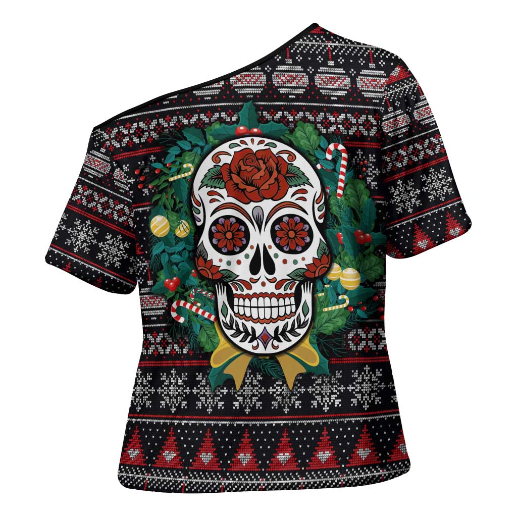 Skull Christmas Cross Shoulder Shirt Xmas Holiday Patterns - Aljaira