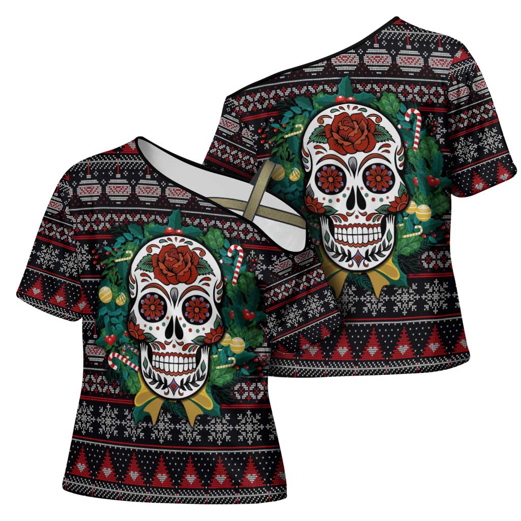 Skull Christmas Cross Shoulder Shirt Xmas Holiday Patterns - Aljaira