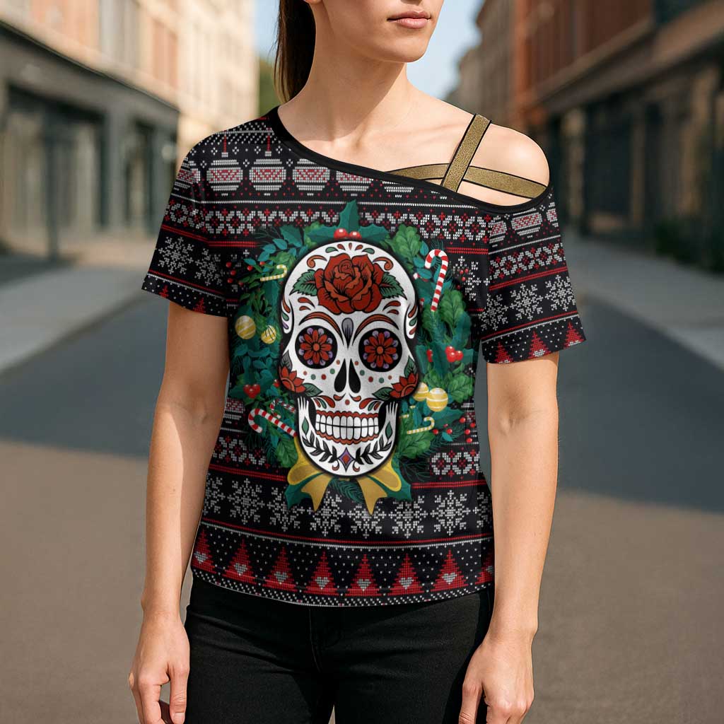 Skull Christmas Cross Shoulder Shirt Xmas Holiday Patterns - Aljaira