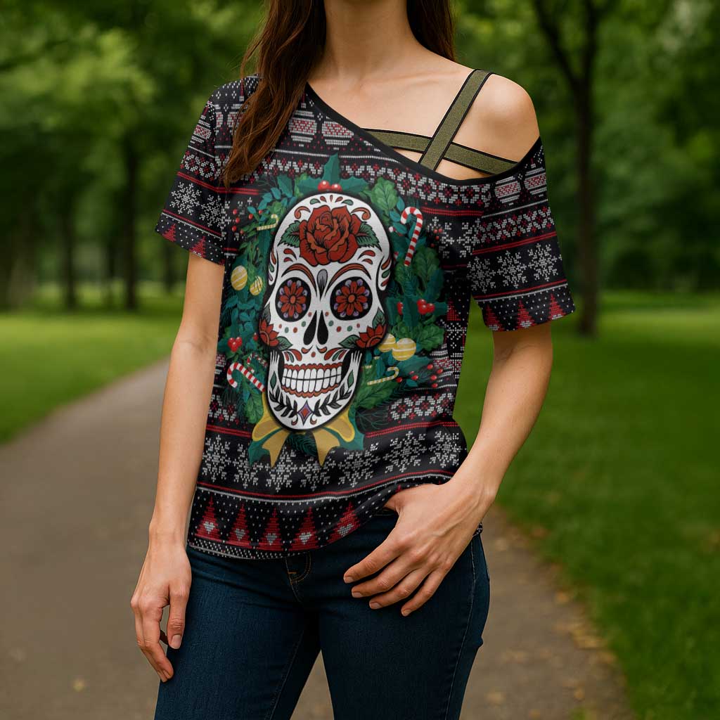 Skull Christmas Cross Shoulder Shirt Xmas Holiday Patterns - Aljaira