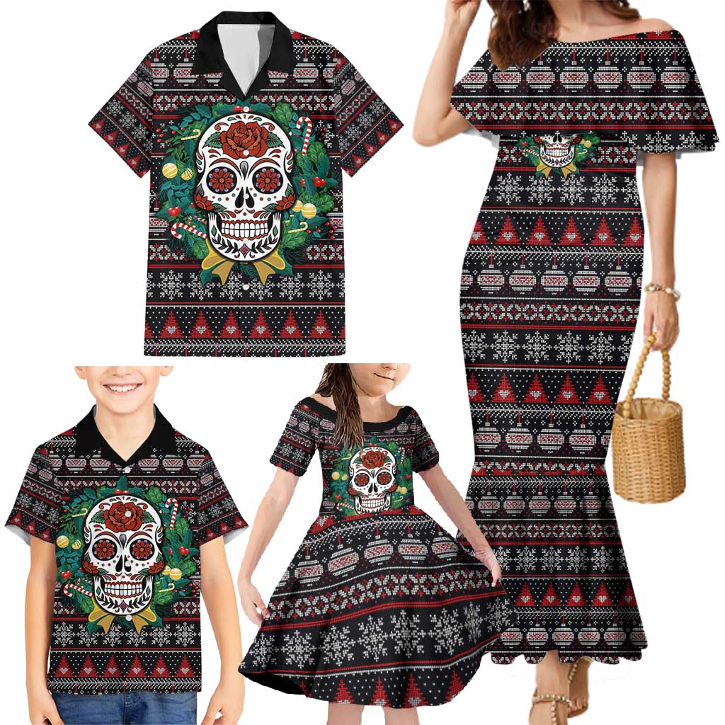 Skull Christmas Family Matching Mermaid Dress and Hawaiian Shirt Xmas Holiday Patterns - Aljaira