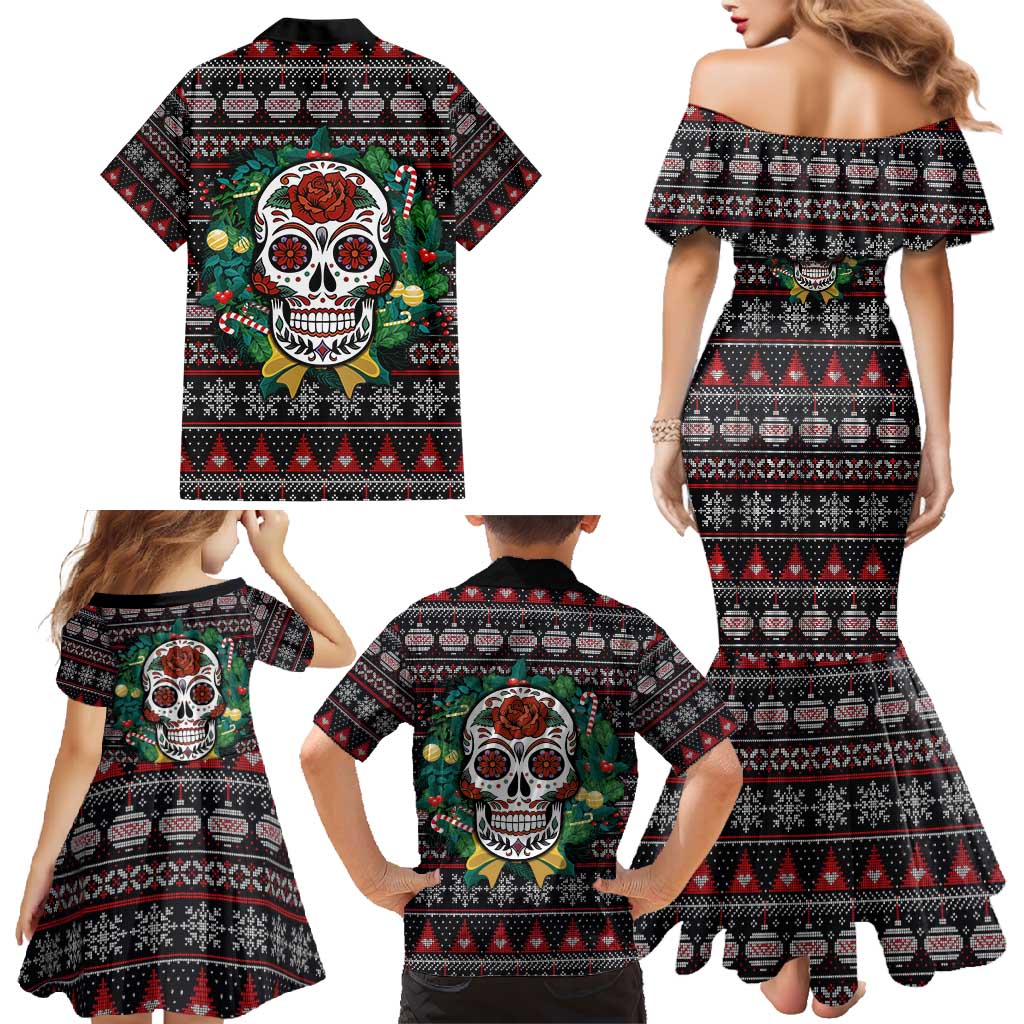 Skull Christmas Family Matching Mermaid Dress and Hawaiian Shirt Xmas Holiday Patterns - Aljaira