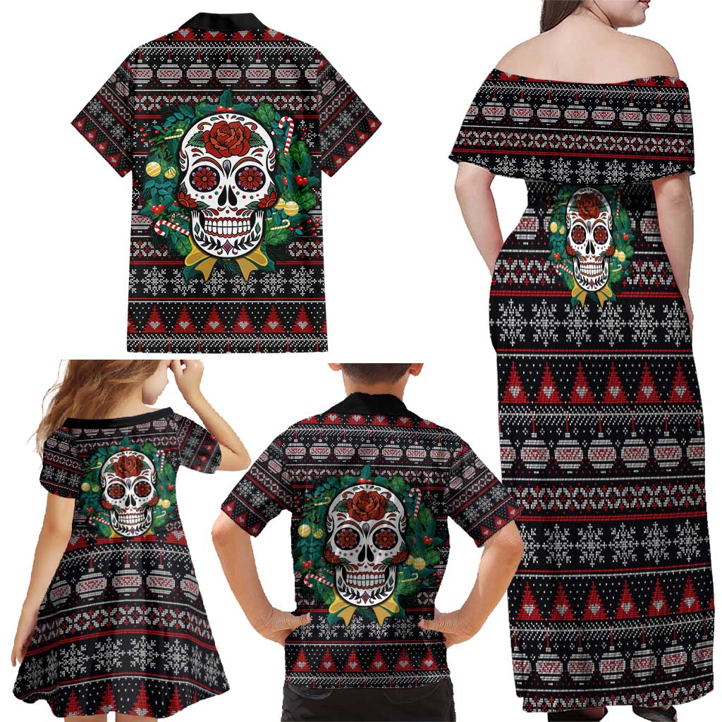 Skull Christmas Family Matching Off Shoulder Maxi Dress and Hawaiian Shirt Xmas Holiday Patterns - Aljaira