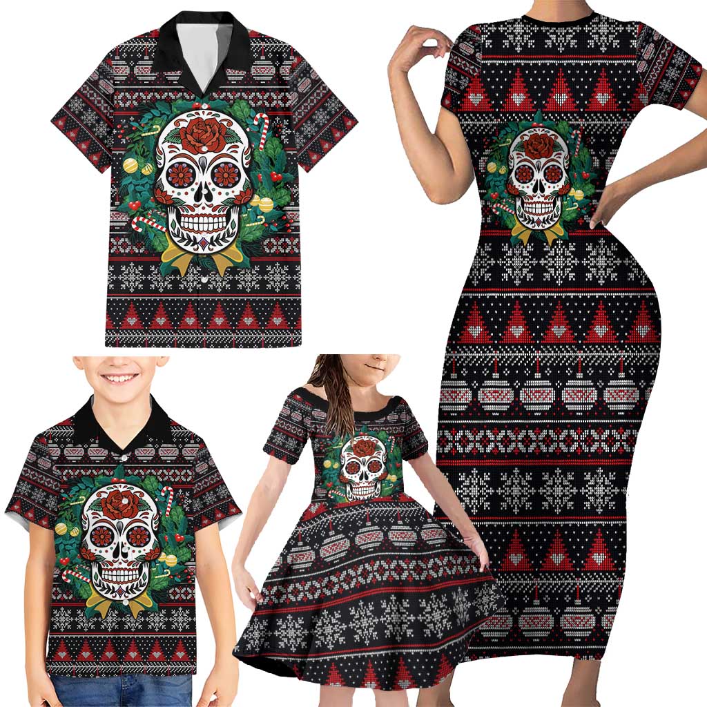 Skull Christmas Family Matching Short Sleeve Bodycon Dress and Hawaiian Shirt Xmas Holiday Patterns - Aljaira
