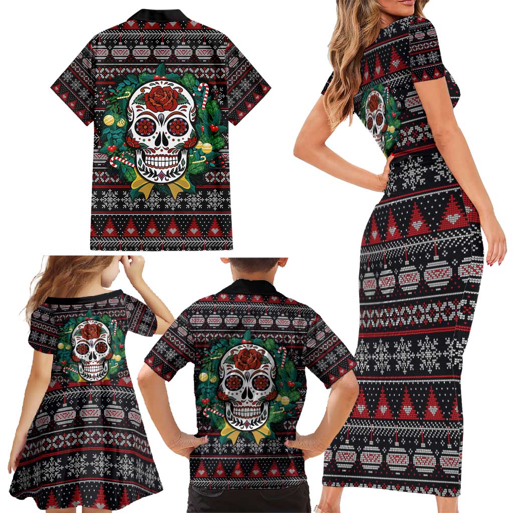 Skull Christmas Family Matching Short Sleeve Bodycon Dress and Hawaiian Shirt Xmas Holiday Patterns - Aljaira