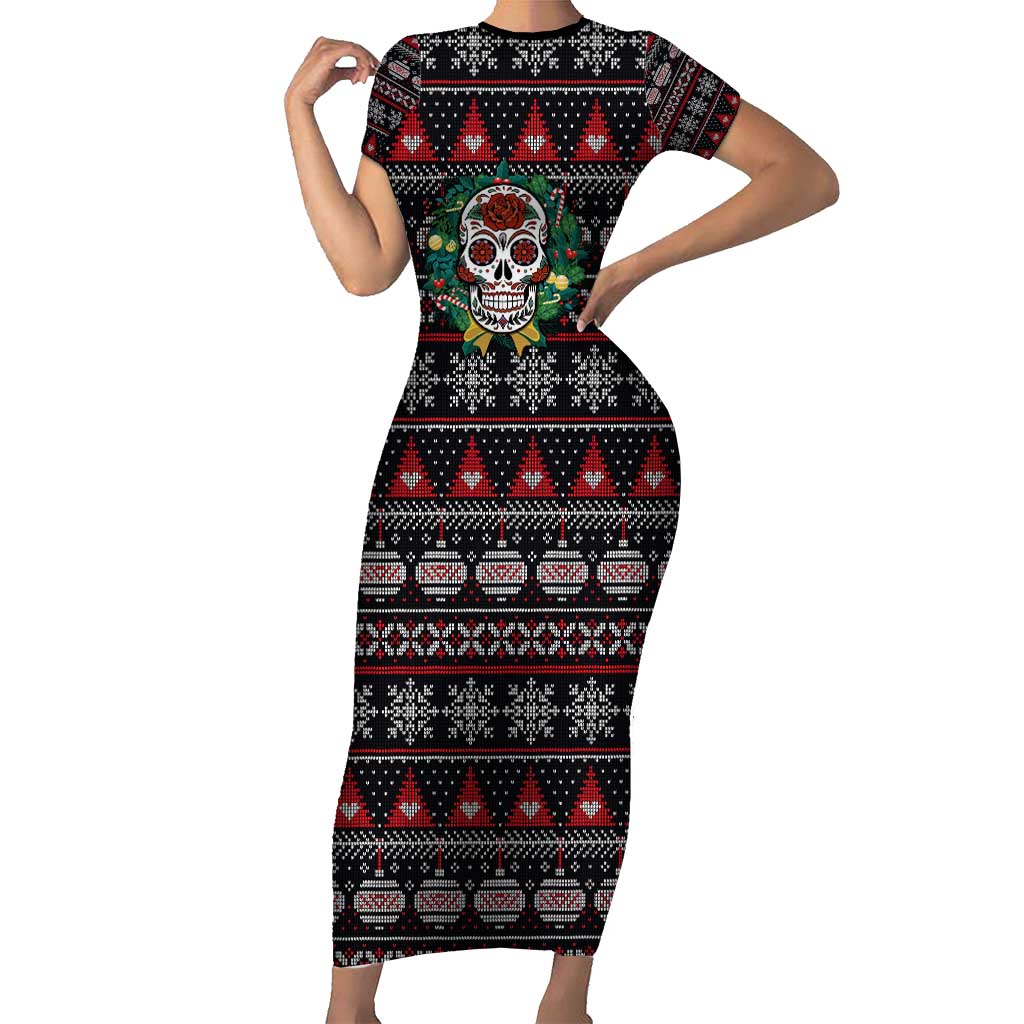 Skull Christmas Family Matching Short Sleeve Bodycon Dress and Hawaiian Shirt Xmas Holiday Patterns - Aljaira