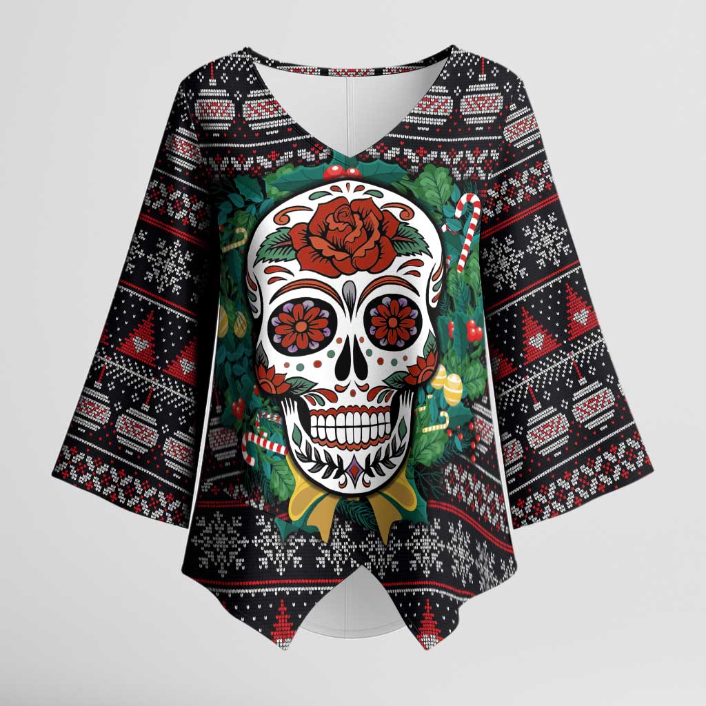 Skull Christmas Kimono Sleeve Blouse Xmas Holiday Patterns - Aljaira