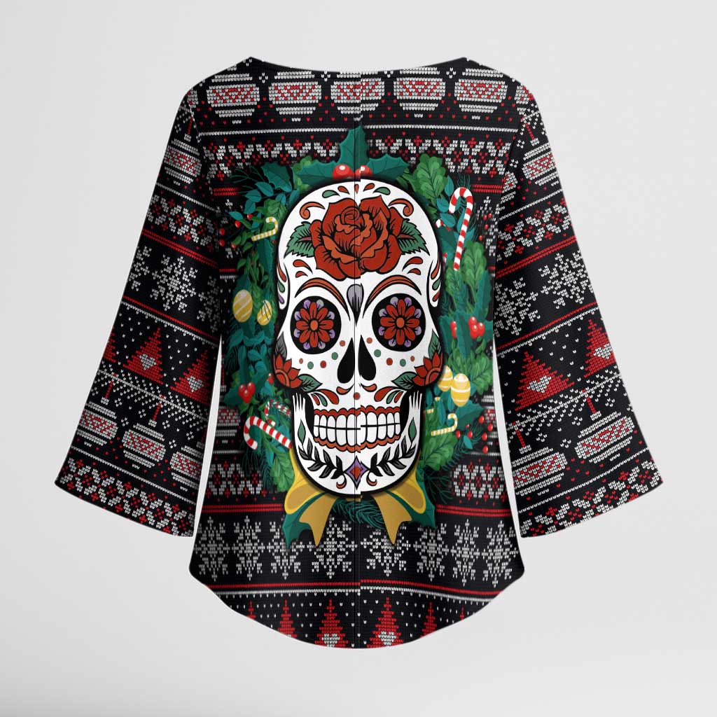 Skull Christmas Kimono Sleeve Blouse Xmas Holiday Patterns - Aljaira