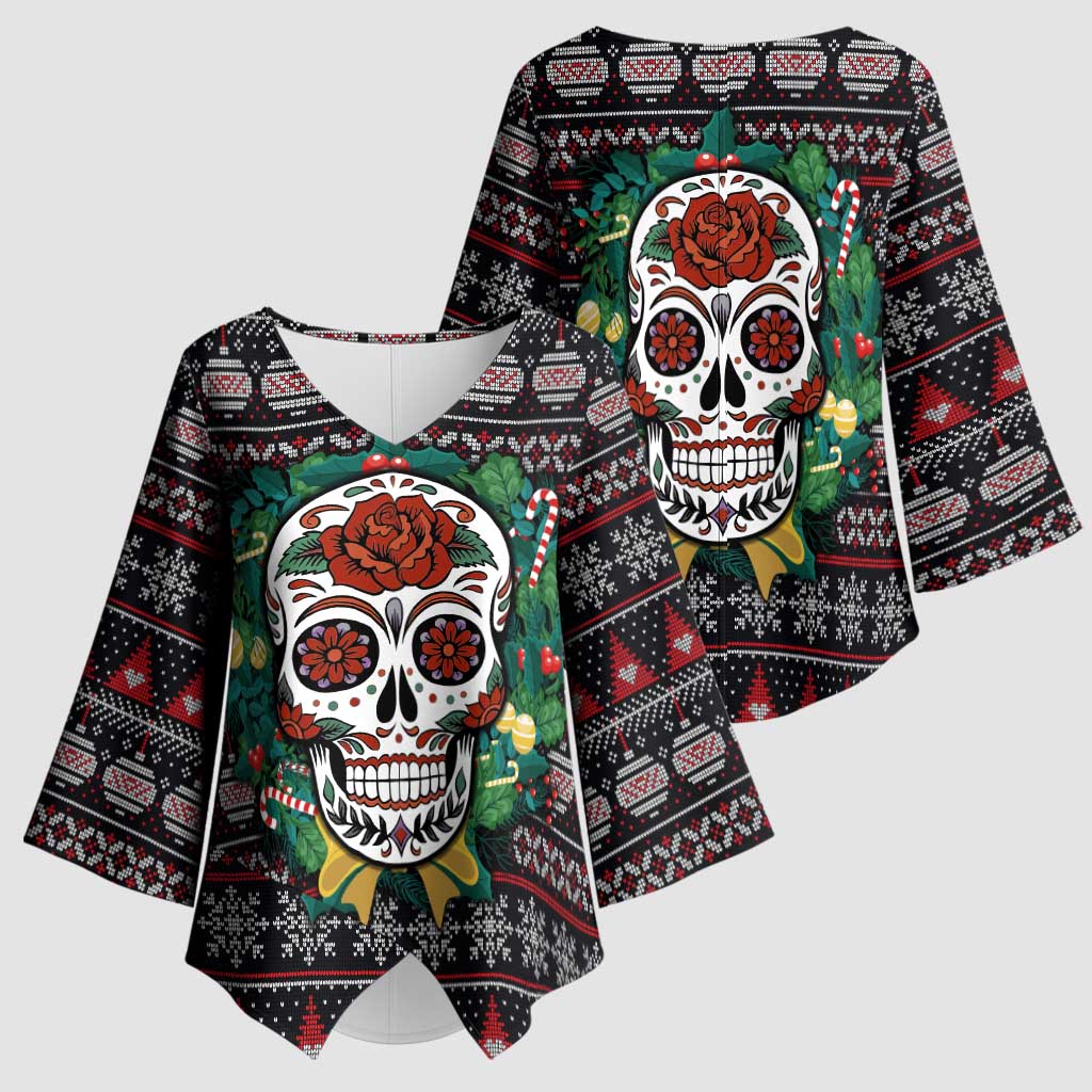 Skull Christmas Kimono Sleeve Blouse Xmas Holiday Patterns - Aljaira